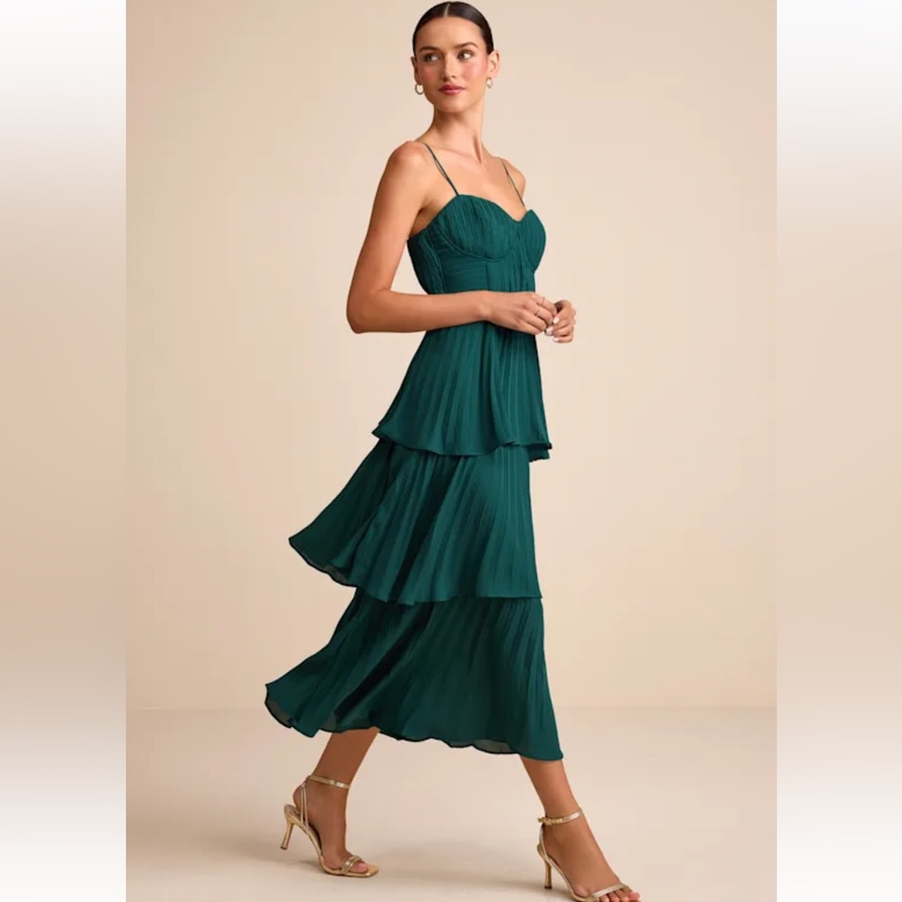 Cascading Crush Emerald Tiered Bustier Midi Dress